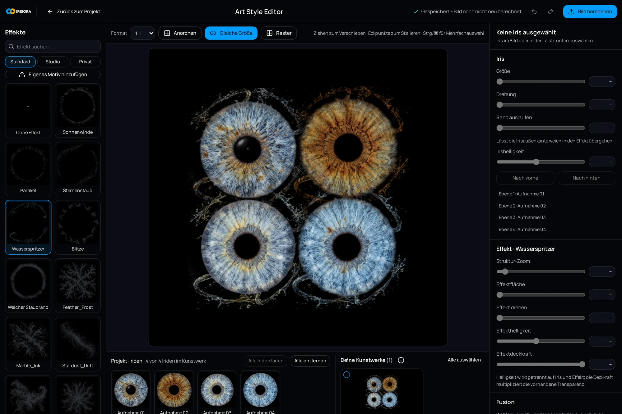 Art Style Editor mit vier kombinierten Iriden, Effekten und Bedienfeldern