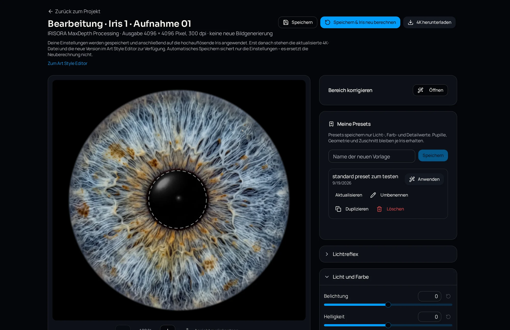 Iris-Editor mit großer Vorschau der freigestellten Iris und Bedienfeldern