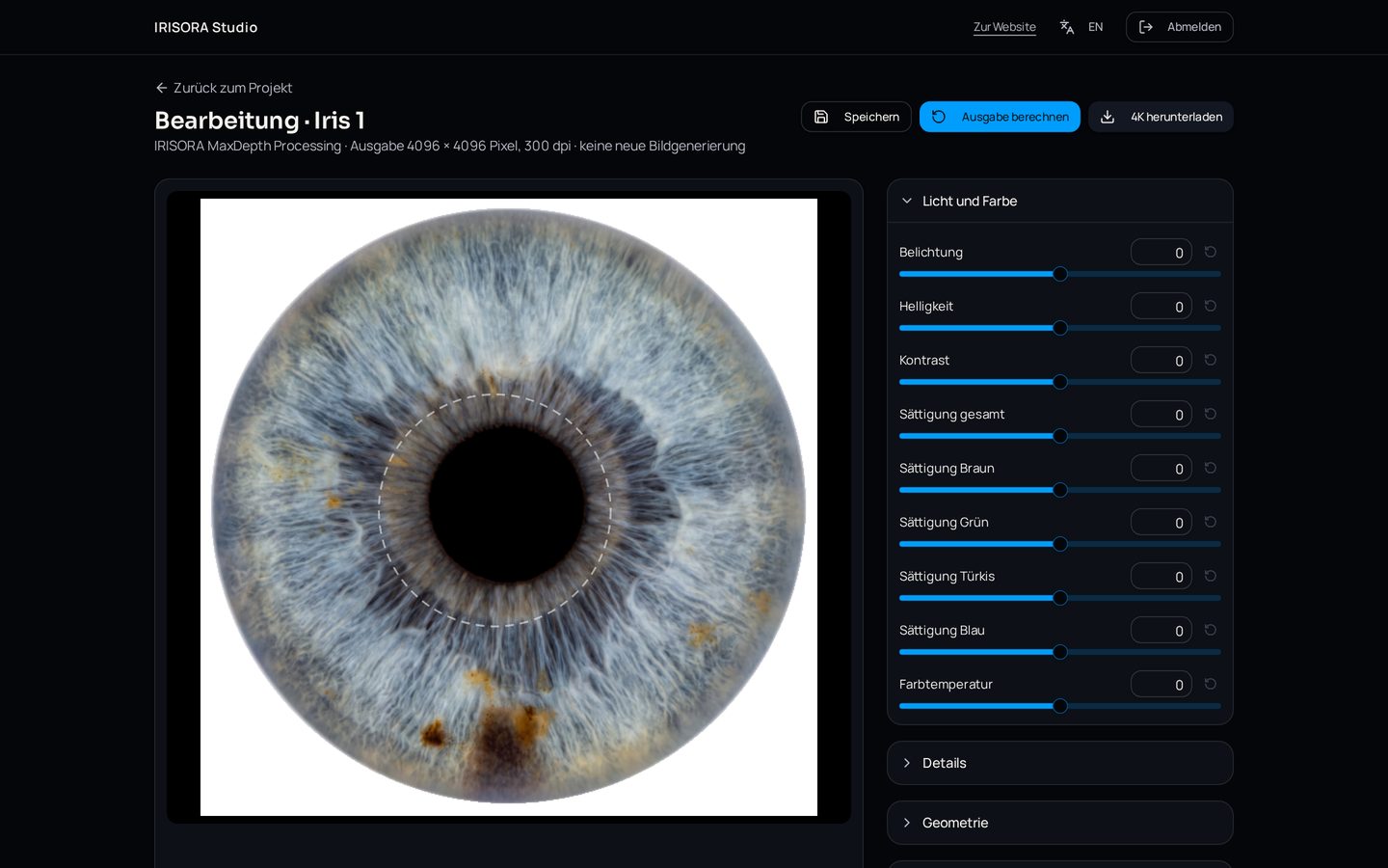 IRISORA Studio: nicht generativer Editor mit Reglern für Licht, Farbe und Geometrie