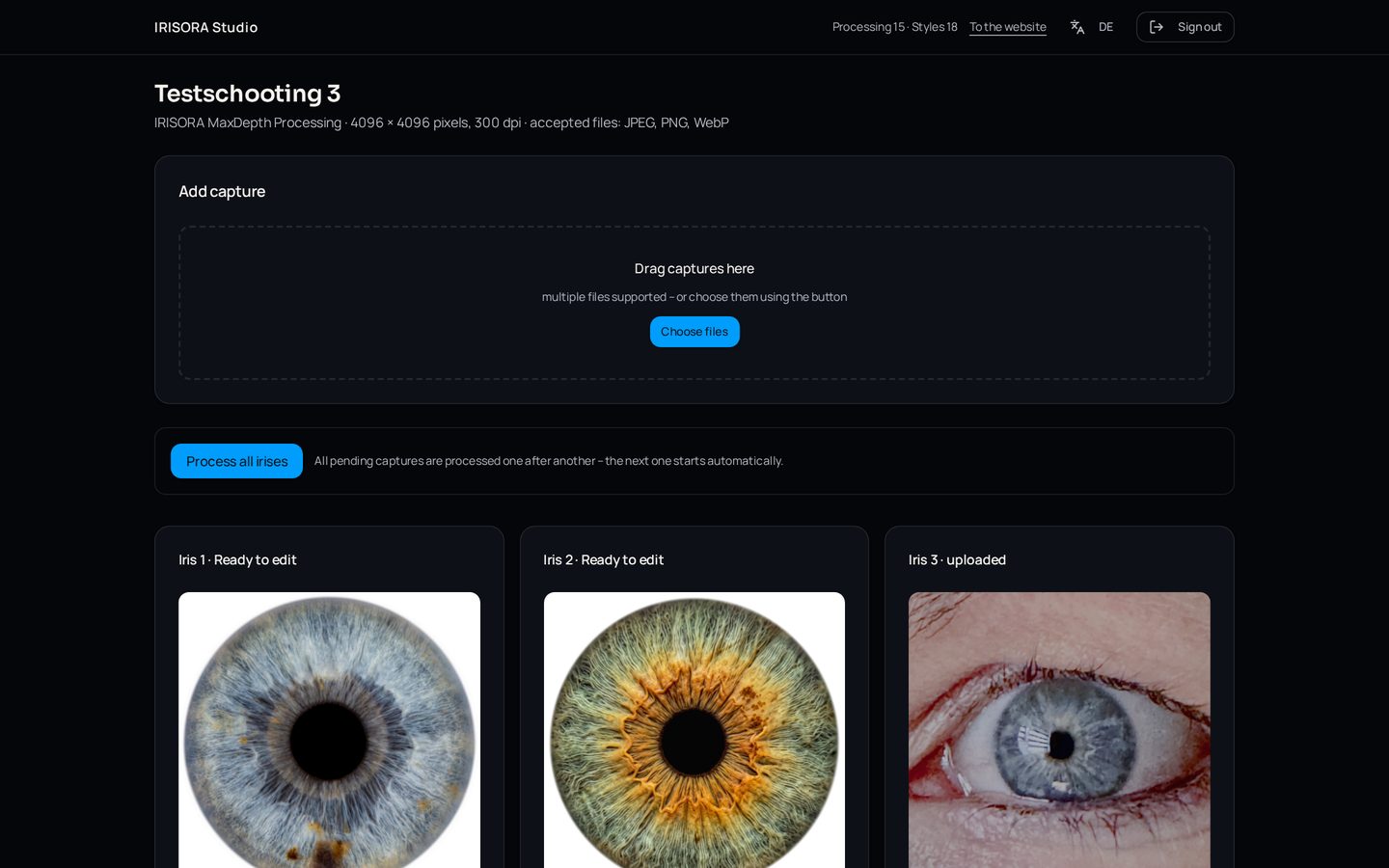 IRISORA Studio: project upload area with batch processing