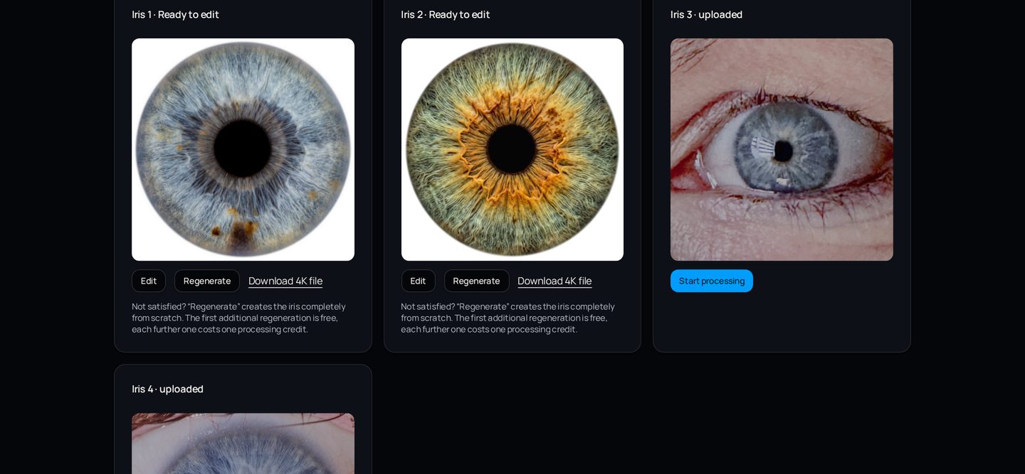 IRISORA Studio: processed irises with editor and download actions