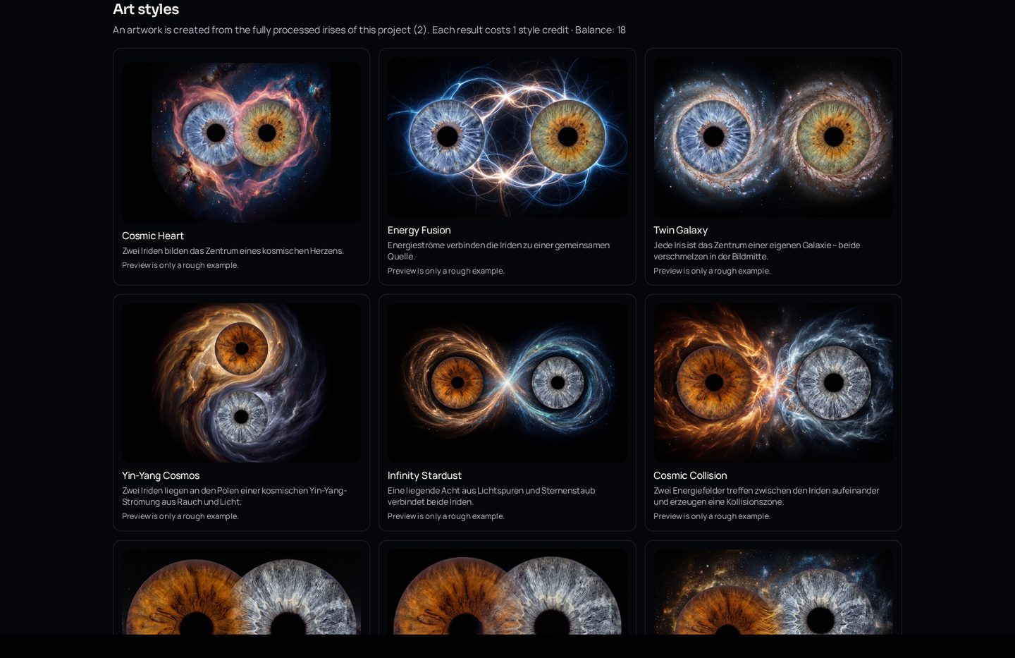 IRISORA Studio: art style selection for finished irises