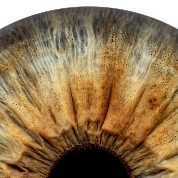 Detail crop: fine iris fibres, crypts and pigment structures at full resolution